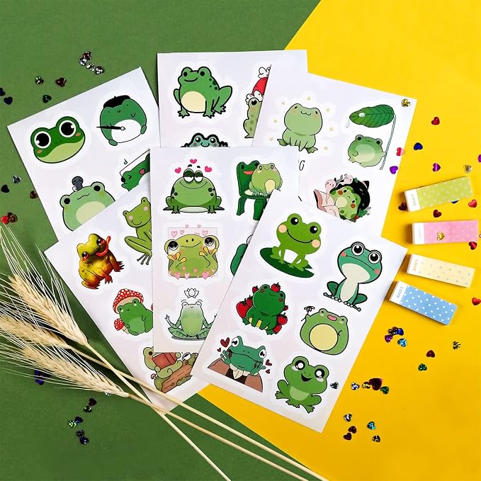 BulbaCraft Kawaii Frogs Stickers Set, 50 Pcs Green & White Vinyl Decals for Kids, Waterproof, Scratch Resistant, Indoor Usage, Single Use, Water Bottle, Laptop, Scrapbook, Journal, Frog Theme