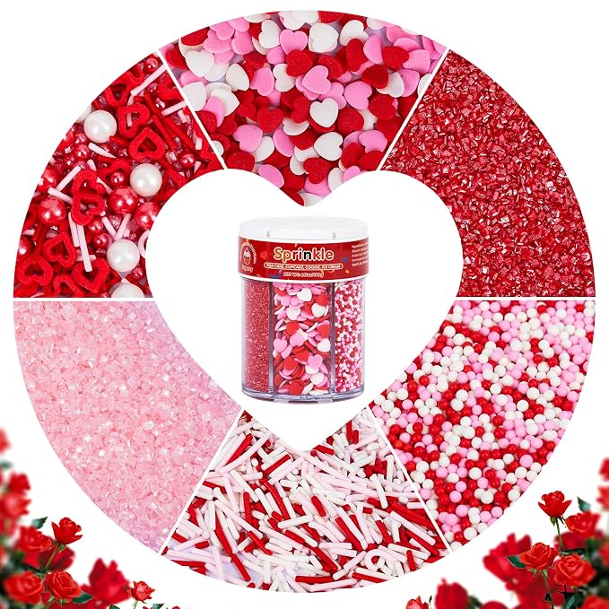 Edible Heart Sprinkles for Cake Decorating,6 Cell-6.7oz,Red Pink and White Sugar Pearls Jimmies Mix,Valentines Nonpareils Cake Decorations for Baking,Desserts,Cupcakes,Baking,Ice Cream,Cookies,Cupcake Topper,Birthday Wedding Birthday Party Decorations
