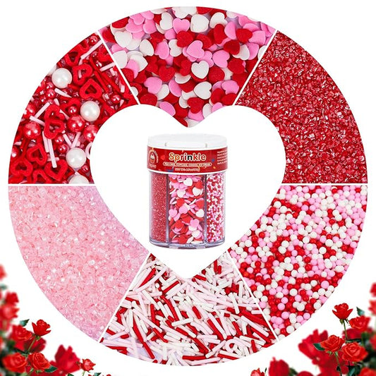 Edible Heart Sprinkles for Cake Decorating,6 Cell-6.7oz,Red Pink and White Sugar Pearls Jimmies Mix,Valentines Nonpareils Cake Decorations for Baking,Desserts,Cupcakes,Baking,Ice Cream,Cookies,Cupcake Topper,Birthday Wedding Birthday Party Decorations