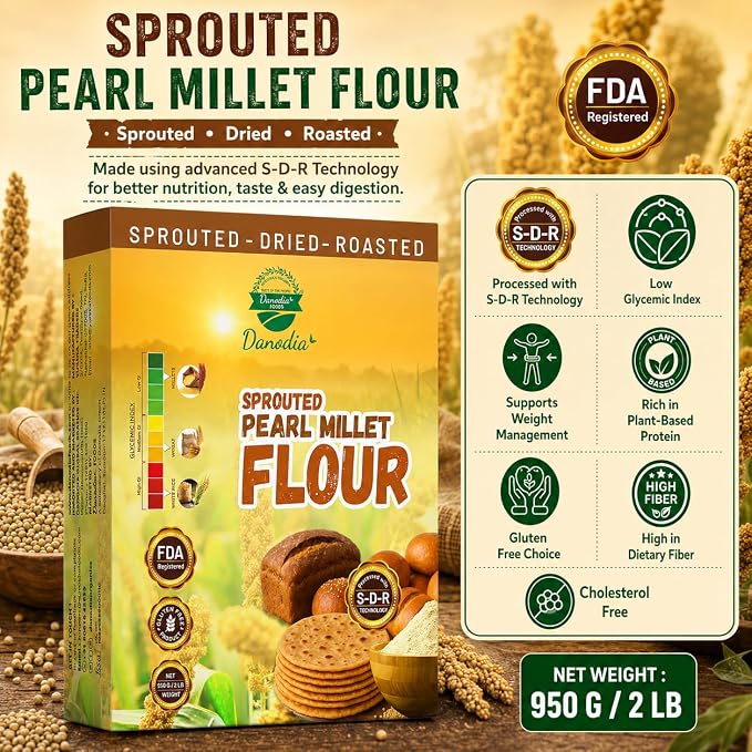 Danodia Foods Organic Sprouted Bajra Pearl Millet Flour, 2 lb Pack | Roasted bajra atta for roti, bhakri, porridge, flatbread and baking; Gluten-Free; US pantry staple; Indian pantry recipes