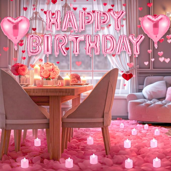Pink Happy Birthday Balloons Decorations Happy Birthday Letter Balloons Banner Set with 24pcs Round Flameless LED Candles and 2000pcs Artificial Rose Petals for Women Men Room Party Decor