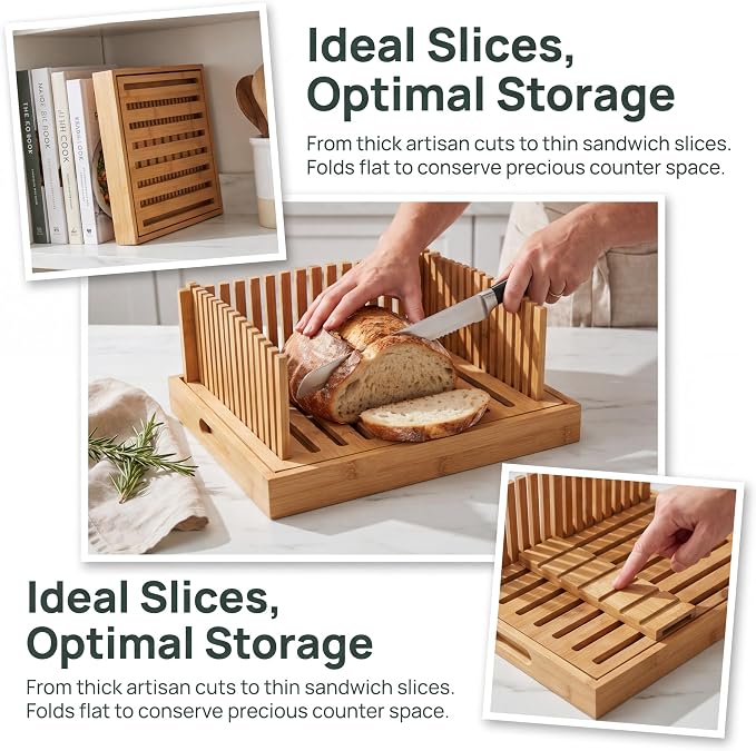 Foldable Bamboo Bread Slicer Adjustable Guide with Crumb Tray for Sourdough | Adjustable Slicing Guide Built-In Crumb Tray Natural Bamboo Board Better Slices, Less Mess Compact for Easy Storage