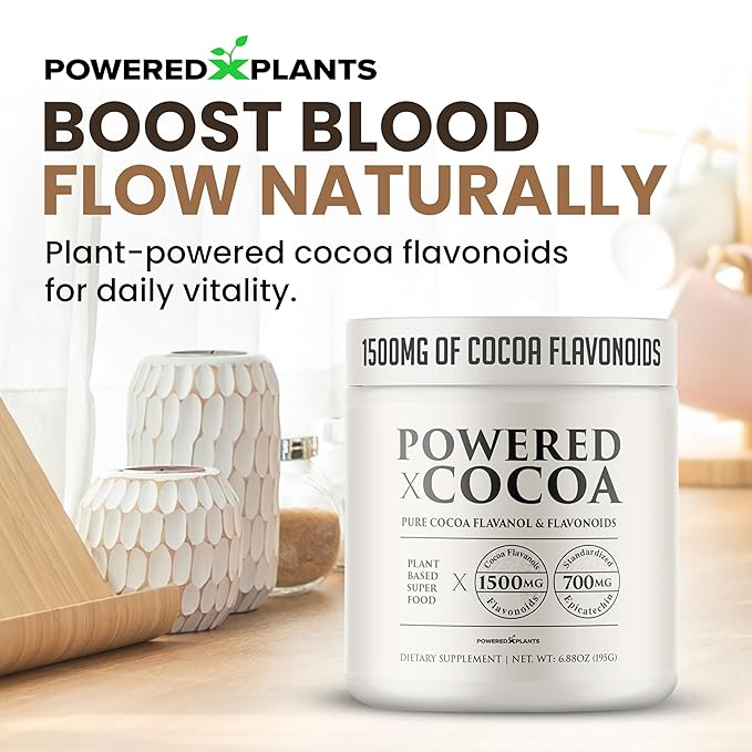 High Flavanol Cocoa Powder - 1500mg Cocoa Flavanols 12X More Epicatechin, 700MG Epicatechin Antioxidant Flavonoids - Supports Brain, Heart Health, Nitric Oxide & Circulation by Powered X Plants