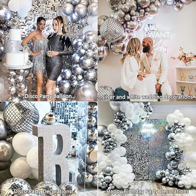 White Silver Balloon Arch Kit Garland with Grey Clear Balloons for Birthday Winter Wonderland Baby Shower Bridal Shower Engagement Wedding Anniversary Party Decorations