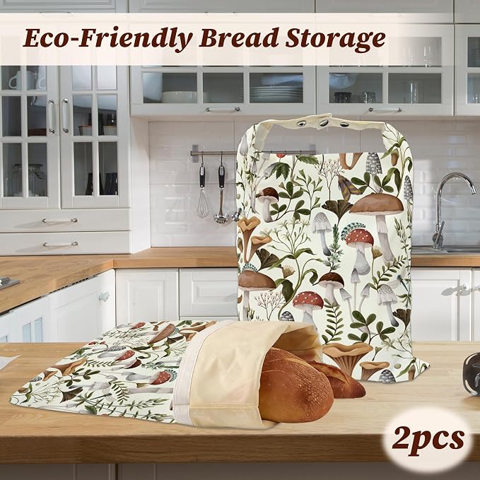Beeswax Bread Bags, 2 Pack for Homemade Bread and Sourdough Storage | Mushroom Forest Dragonfly Berry, Reusable Polyester Bread Storage With Beeswax Coating And Snap Closures
