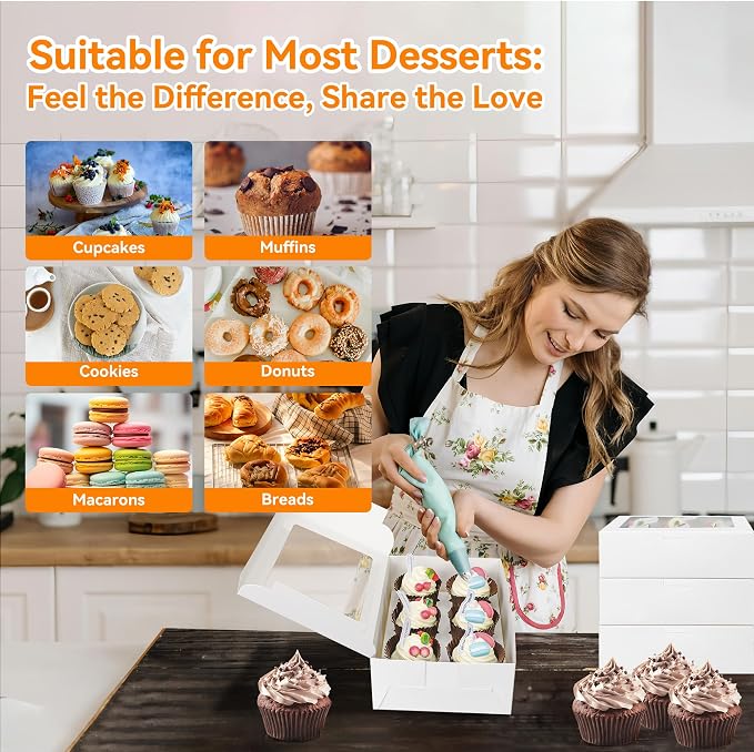10-Set Cupcake Boxes Bulk with Clear Display Window Hold 6 Standard Cupcakes, Disposable Food Grade White Cupcake Carrier Cupcake Container, Perfect for Cupcakes Muffins Cookies Pastries