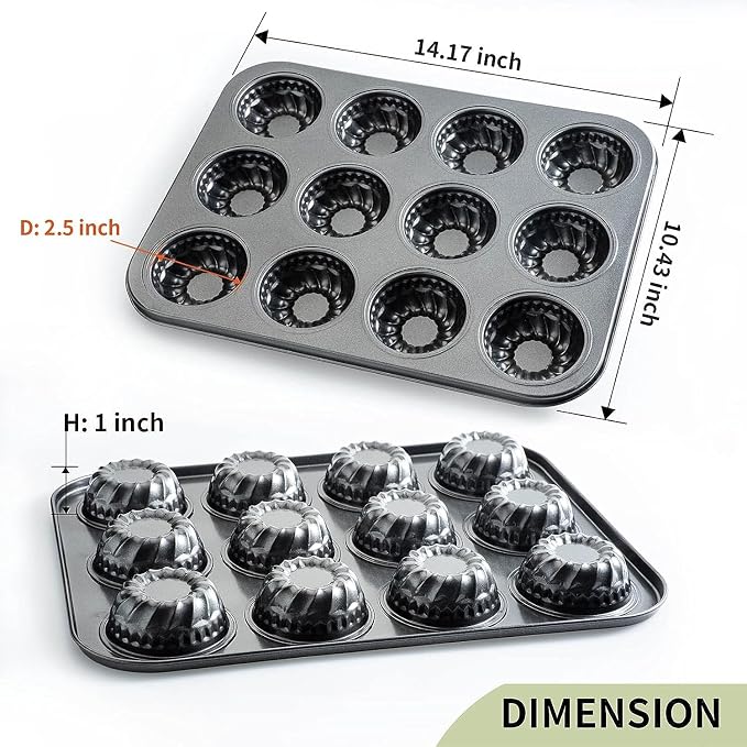 Mini Bndt Cake Pan 2 Pack, Nonstick Brownie Bowl Pan 12-Cavity Fluted Small Round Cake Tray Shortcake Pan Mold for Fall Baking Thanksgiving Muffin Bavarois, Carbon Steel Cake Pan