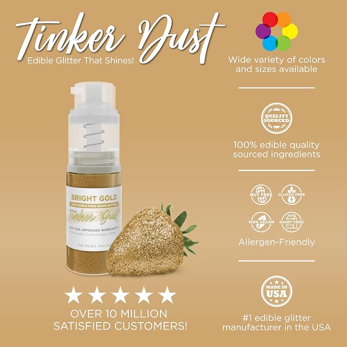 Bakell - Bright Gold Tinker Dust (4g, 1x Mini Spray Pump) Edible Glitter for Food, Desserts, and Baked goods!
