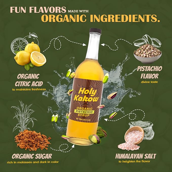 Holy Kakow Cafe Organic Pistachio Syrup - Pistachio Coffee Syrup, Organic Syrup for Coffee, Pistachio Syrup for Coffee, Add to Latte, Cocktail and Shake, Real Food Ingredients, Specific Flavor - 750ml
