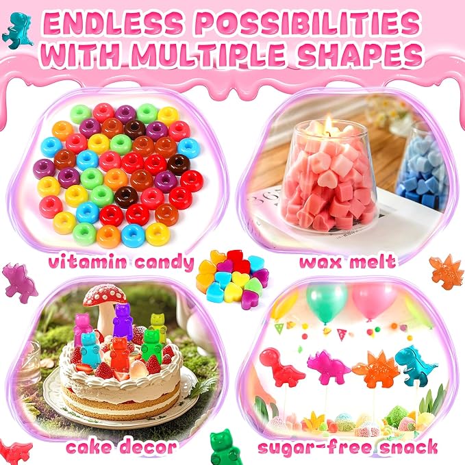 Candy Molds Silicone, with 2 Droppers, Non-Stick Silicone Candy Molds Including Mini Dinosaur, Bear Shape, Hearts and Mini Donut, Set of 4