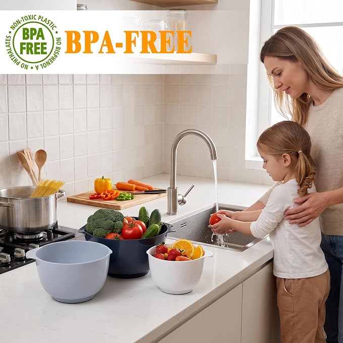 BoxedHome Nesting Plastic Mixing Bowl Set With Pour Spout, Microwave and Dishwasher Safe, BPA free Non-Slip Base, Set of 4 Size 1.7, 2.5, 3.5 and 4.5qt, Great for Prepping, Baking, Cooking (Haze Blue)