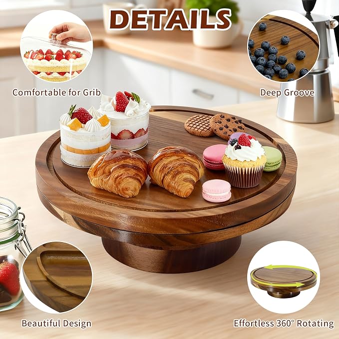 Jolitac Acacia Wood Cake Stand with Lid – 12" Wooden Rotating Cake Stand with Dome Cover, Round Cake Holder Stand with 4 Bonus Cake Sheets, Serving Tray for Cake, Cheese, Charcuterie & Parties