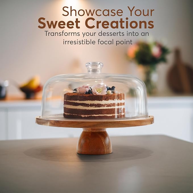 2-in-1 Acacia Wood Cake Stand with Lid, Cake Stand with Acrylic Dome Light Weight, Strudy & Well Polished, Cake Plate with Lid for Parties, Weddings, and Everyday Use, Cake Display Stand with Lid