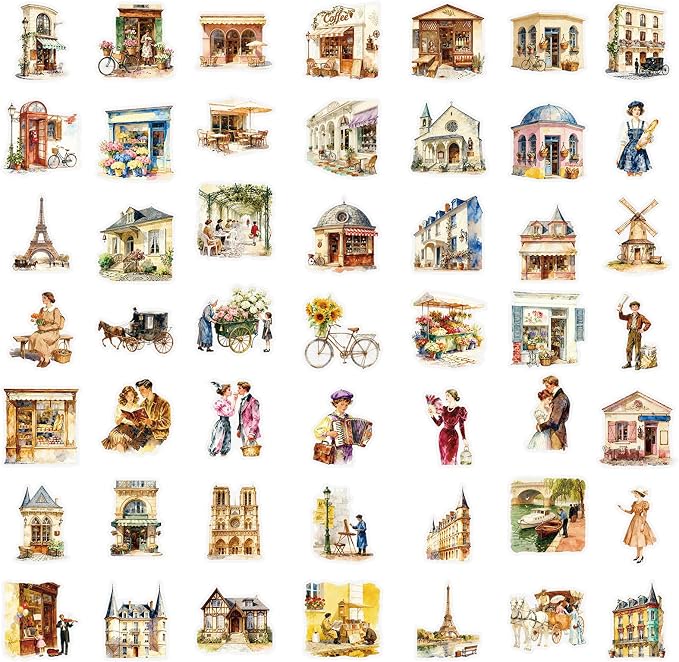 50 pcs Vintage European Town Clear PET Stickers, Paris Street Cafe Building People Transparent Die-Cut Decals, Waterproof Stickers for Journal Scrapbook Planner DIY Travel Craft Decor