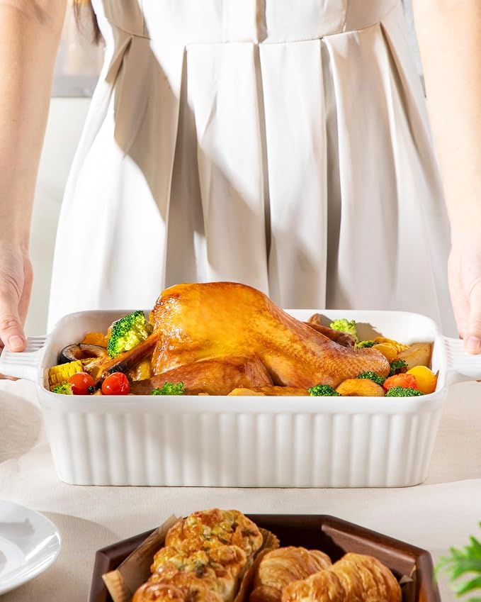 MALACASA 4.4 QT Baking Dish, 9x13 Large Casserole Dish for Oven, Ceramic Baking Pan, Rectangular Lasagna Pan Deep with Handles for Baking, Durable Microwave Oven Safe, Wedding Gift,White, Series BAKE-BAKE