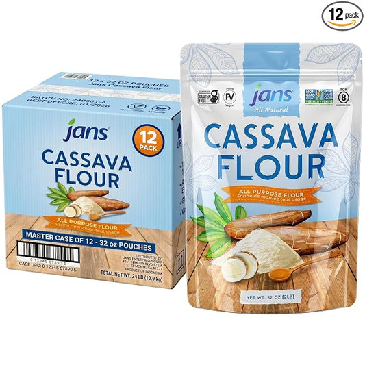 Jans Cassava Flour All-Purpose Flour Alternative (2 lbs, Pack of 12) All-Natural, Non-GMO & Gluten-Free, Grain-Free, Paleo, AIP & Vegan Friendly
