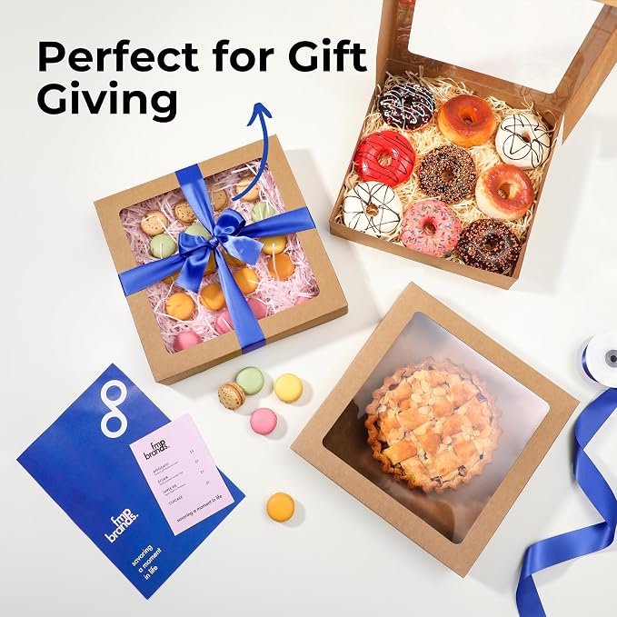 Fit Meal Prep 25 Pack Pie Boxes, 12 x 12 x 2.5 Inches Kraft Bakery Boxes with Window, Auto-Popup Treat Boxes for Donuts, Cookies, Pastries, Ideal for Party, Christmas, Valentine's Day