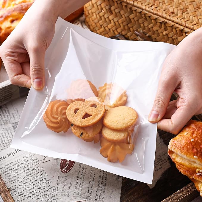 JOHOUSE Heat Seal Bags with Window, Heat Seal Cookie Bags, 100PCS | 7.1"x7.5" greaseproof kraft paper bakery bags for donuts, cookies, bread, sandwich packaging