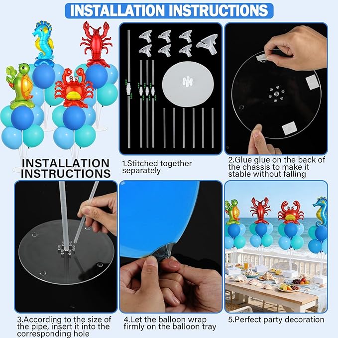 4 Sets Ocean Animal Theme Party Balloons Stand Kit with Sea Turtle Seahorse Lobster Crab Foil Balloons Party Balloon Centerpiece for Tables for Under the Sea Birthday Pool Beach Decoration