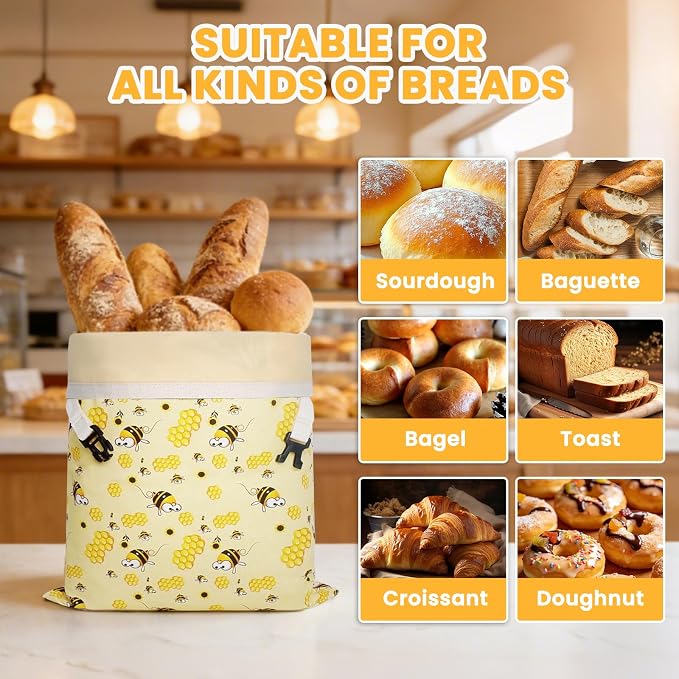 Beeswax Bread Bag for Homemade Bread Sourdough, 2 Pack Reusable Bees Waxed Infused Linen Wrap for Baguette Loaf Bread Freezer, Fresh Food Keeper Storage Container, Homesteading Essentials Yellow-Bee