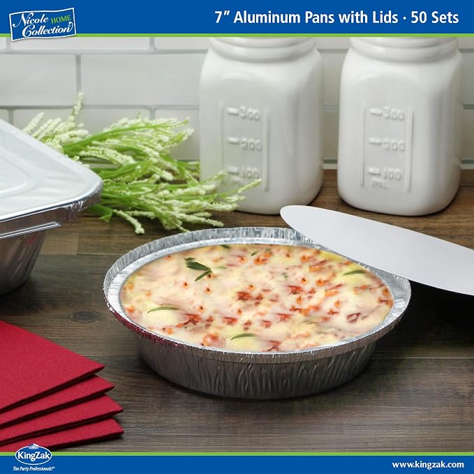 Nicole Home Collection Aluminum Pans 7” Round Disposable Foil Pans With Lids (50 Pack) – 7 Inch Round Disposable Takeout Pans With Board Lids (7" Inch Round)