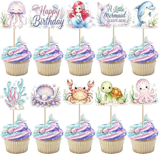 40 PCS Mermaid Cupcake Toppers Ocean Animal Cake Decorations Turtles Octopus Seashell Crab Fish Cupcake Picks Mermaid Birthday Decorations for Under the Sea Theme Baby Shower Birthday Party Supplies