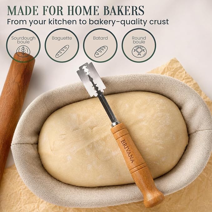 Bread Lame, Sourdough Scoring Tool for Bread Baking, Bread Scoring Tool with Beech Wood Handle, Protective Cover & 5 Replacement Blades
