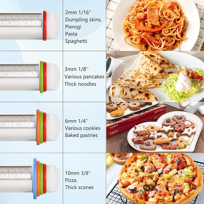 Adjustable Rolling Pin With 4 Thickness Rings, Stainless Steel Dough Roller Pizza Roller Handle Press Design With Measurement Guide For Baking, Fondant, Pizza, Pie Crust, Cookie
