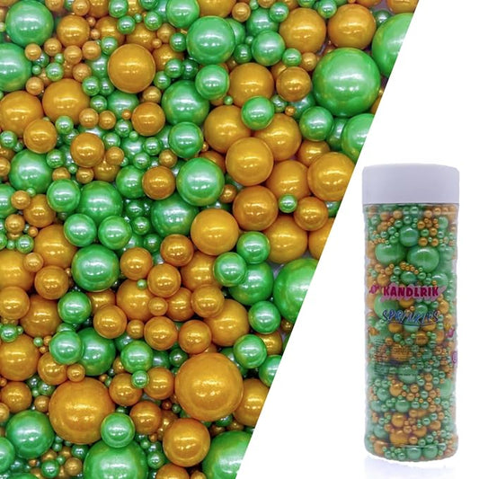 St. Patricks Day Edible Dark Green & Gold Sugar Pearls Sprinkles Candy Mix Size Pearls Cake Decorations Cupcake Toppers Decorating Perfect for Wedding Party Valentine 4.58OZ