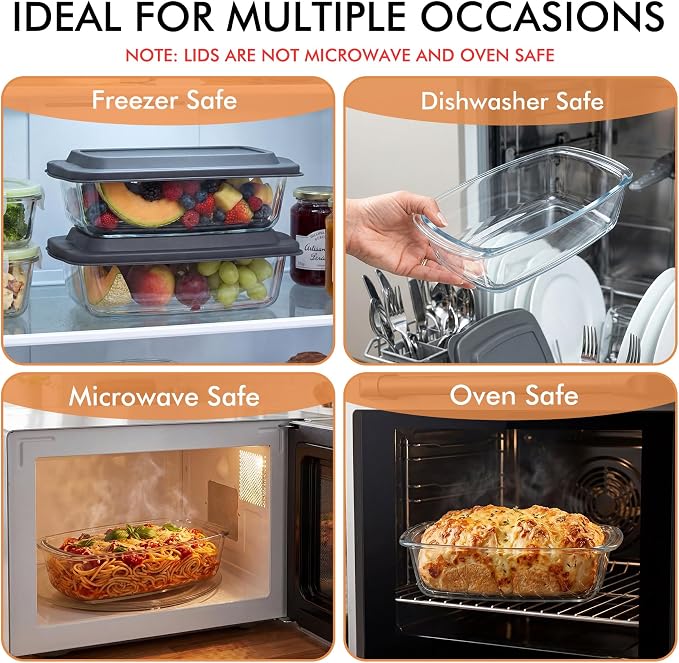 HOTEC 2-Pack LARGE 7.6 Cups/1800 ML/1.9 Qt Glass Loaf Pan, Microwave and Oven Safe - Loaf Pans For Food Storage Container, Bakeware for Bread, Lasagna, Potatoes, Meal Prep, Airtight Lid