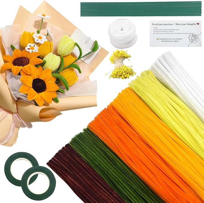 AHAMETON 620Pcs Sunflower Pipe Cleaner Flower Kit, 6 Colors Bulk Pipe Cleaners Craft Supplies with Wires, Stamens, Ribbon, Tape, Card, DIY Flower Making for Gifts Party Home Decoration, School Crafts