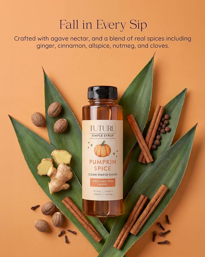 Pumpkin Spice Agave Simple Syrup for Coffee, Cocktails, Matcha - Sweetened with Agave Nectar - Infused with Real Pumpkin Spices - 13.5 oz