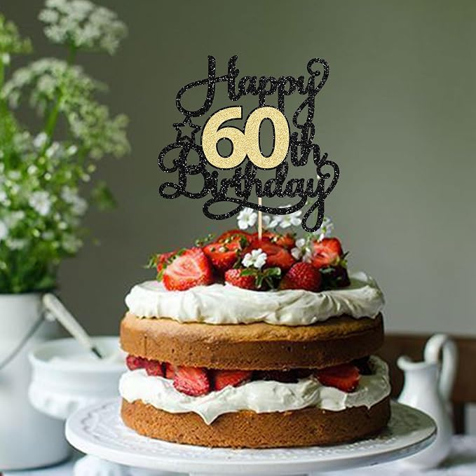 1Pc Happy 60th Birthday Cake Topper Black Gold Glitter Cheers to 60 Years Birthday Cake Pick 60 Fabulous Cake Decoration for Happy 60th Birthday Anniversary Party Cake Decorations Supplies