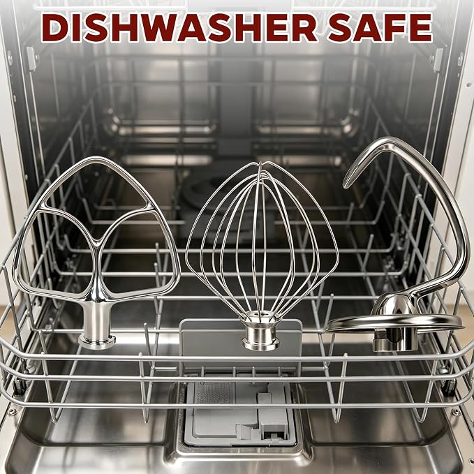 3-Piece Stainless Steel Mixer Attachment Kit for KitchenAid 4.5 and 5 QT Tilt-Head Stand Mixers, Includes K45WW Wire Whip, Dough Hook & K45B Flat Beater, Dishwasher Safe | Dishwasher Safe