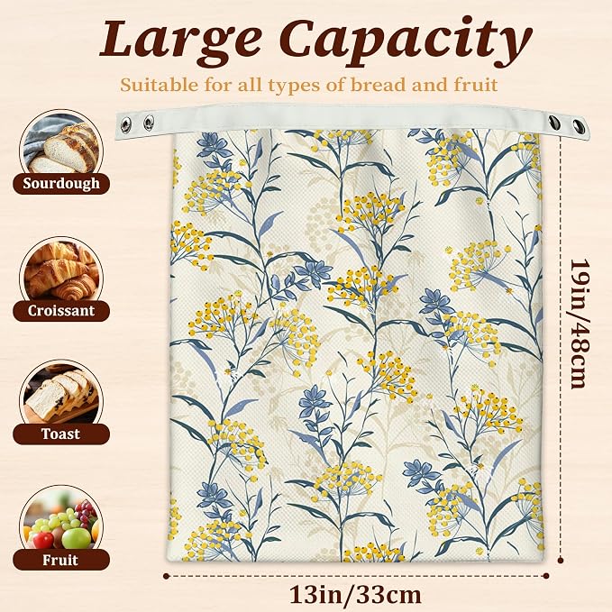 Bread Bags for Homemade Bread, Yellow Berries Leaves 2 Pack Linen and Beeswax Sourdough Storage Bags, Reusable Keeper, Keeps Breads Fresh Longer, Gifts for Bakers