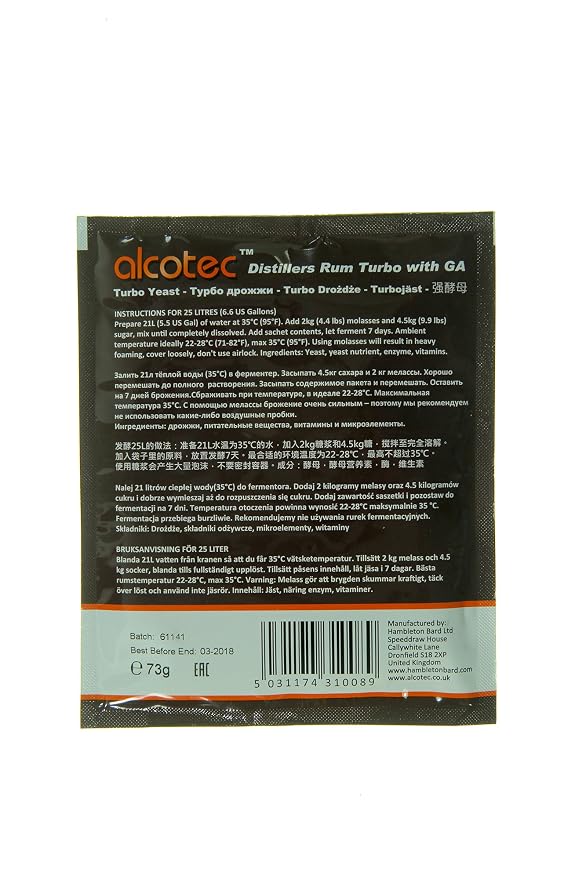 Alcotec Rum Turbo Yeast | Brewers Yeast Powder | Wine Yeast for Wine Making | Dry Yeast | Nutritional Yeast | (4 Packs)