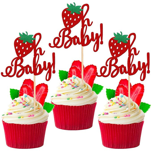 24 PCS Strawberry Oh Baby Cupcake Toppers Glitter Fruit Theme Oh Baby Strawberry Cupcake Picks for Gender Reveal Baby Shower Kids Boys Girls Birthday Party Cake Decorations Supplies Red