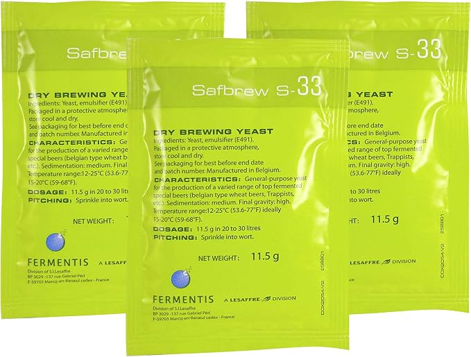 3 Packs of Safbrew S-33 Dry Yeast 11.5g