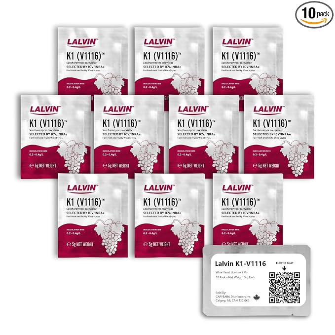 Lalvin K1-V1116 Wine Yeast (10 Pack) - Make Wine Cider Mead Kombucha At Home - 5 g Sachets - Saccharomyces cerevisiae - Sold by CAPYBARA Distributors Inc.