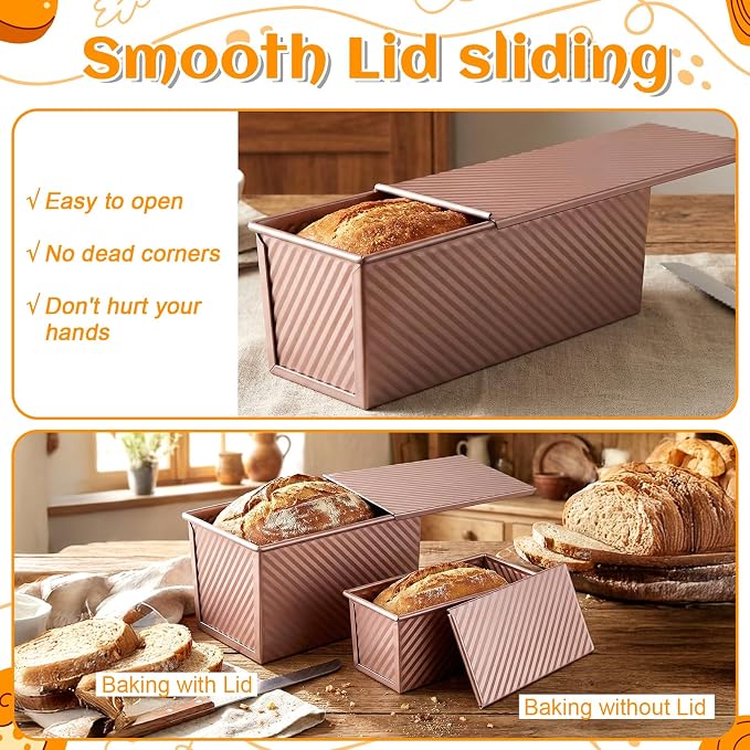 3 Pack Pullman Loaf Pan with Lid, 2.2LB/1LB/0.5LB Dough Capacity Non-Stick Sandwich Bread Pan, Carbon Steel Corrugated Toast Mold for Homemade Bread Baking (Golden)