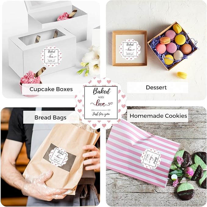 Mobiusea Creation Baked with Love Stickers Roll | Scalloped Cut | Waterproof | 2 inch | 300 Labels for Cookie Cupcake Stickers Homemade Bakery Bread Bags Labels Baked Goods Packaging