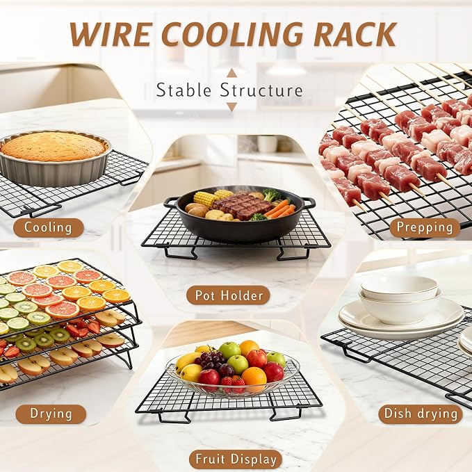 Stackable Cooling Racks 3-Tier 13.4x9.4in with 50 Parchment Papers | Heavy duty wire baking rack for cookies, bread, pizza & pastries. Collapsible for storage. Includes 7.9x11.8in sheets.