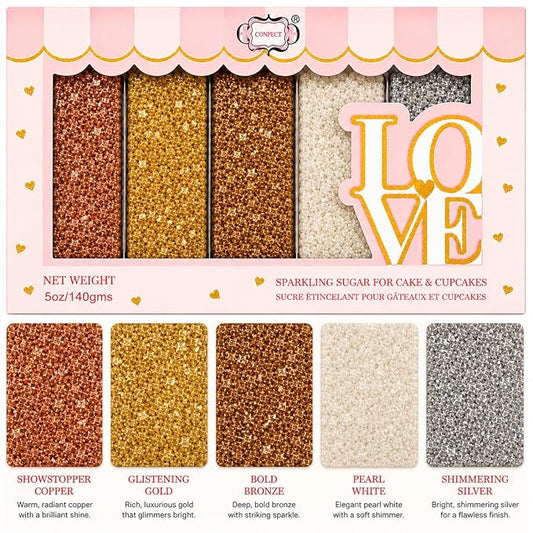 Confect Sparkling Sugar for Baking & Cake Decoration Sugar Assorted pack of 5 Metallic Mania Sparkling Sprinkles Mix Bronze, Gold, Copper Pearl & Sliver | Vegan, Gluten-Free, Soy-Free, Dairy-Free, Palm Oil-Free- 5 oz