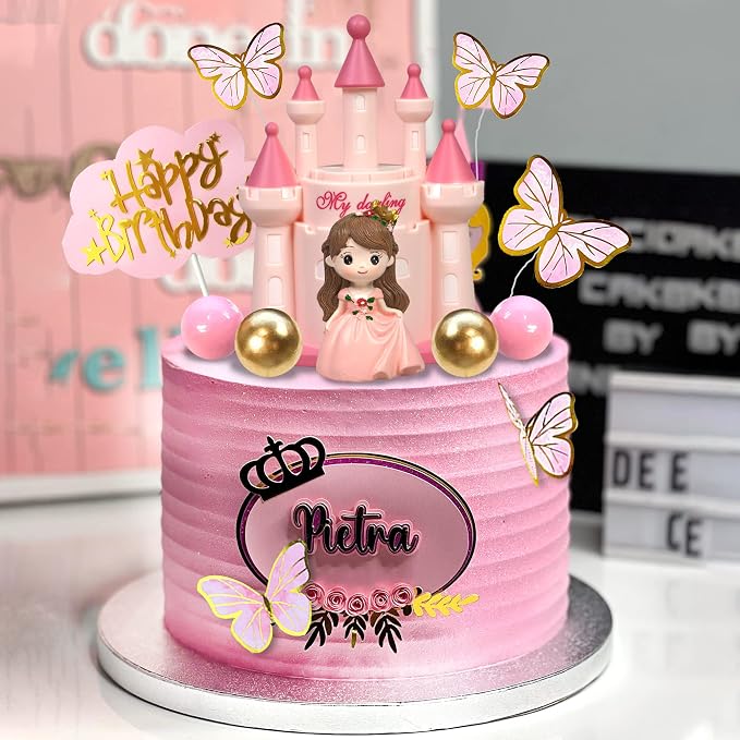 19 PCS Princess Cake Topper Castle Cake Decoration with Butterflies and Balls for Princess Birthday Supplies (Pink)