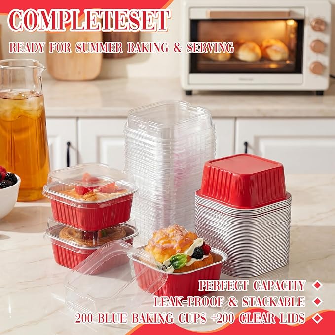 200 Pack 5 oz Mini Cake Pans with Lid, Aluminum Foil Mini Baking Tins, Square Disposable Cupcake Baking Cup Dessert Container for Wedding Birthday Party Picnic(Red,Classic)