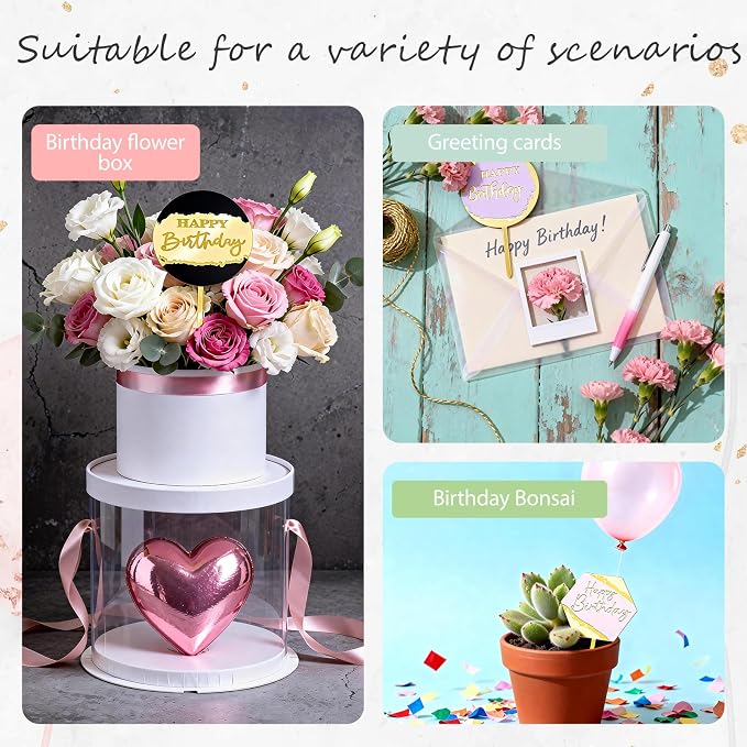 Wootkey 8Pcs Acrylic Happy Birthday Cake Toppers Engraved Happy Birthday Sign for Cake DIY Birthday Gift Flower Bouquet Pastries Desserts Decor