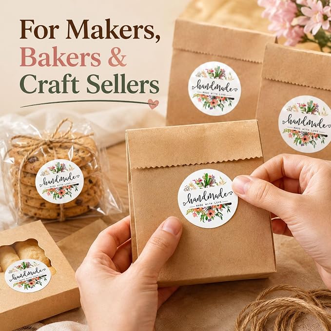 Handmade with Love Packaging Stickers: Made with Love Labels for Makers | 120pcs 1.6 Inch Paper Stickers For Handmade Product Packaging Kraft Bags Gift Boxes And Craft Orders