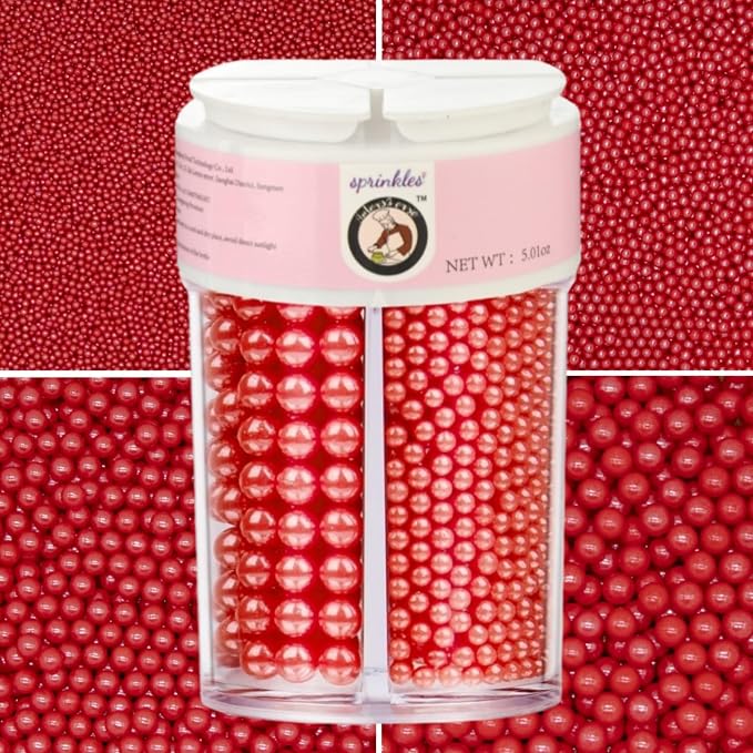 HeDeon&Rles Edible Red Preals Sprinkles for Baking 4 Size（2mm 4mm 7mm 10mm）Red Sprinkles for Cake Cupcake Pancake Icing Decoration Independence Day Halloween Supplies