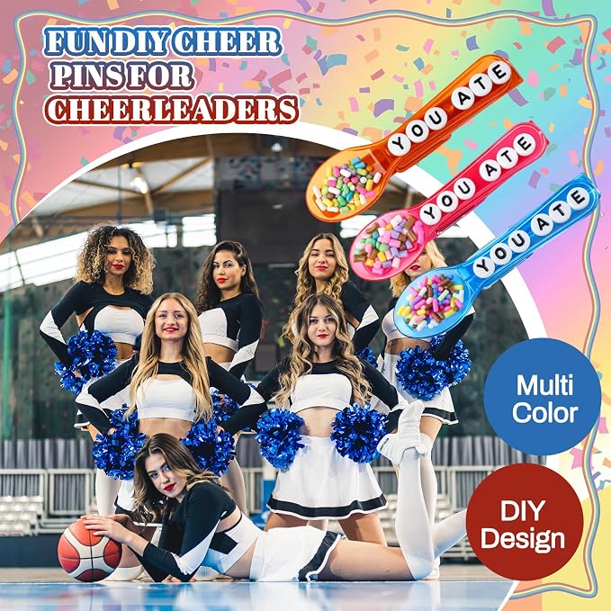 Geelin Cheer Pins Kit with 80 Pcs Spirit Clips, 800 Letter Beads, 30 Ducks, 80 Spoons, Glue, Decoration for Cheerleaders, Volleyball Team Gifts Bulk Stuff DIY Charms(Multicolor, Spoon)