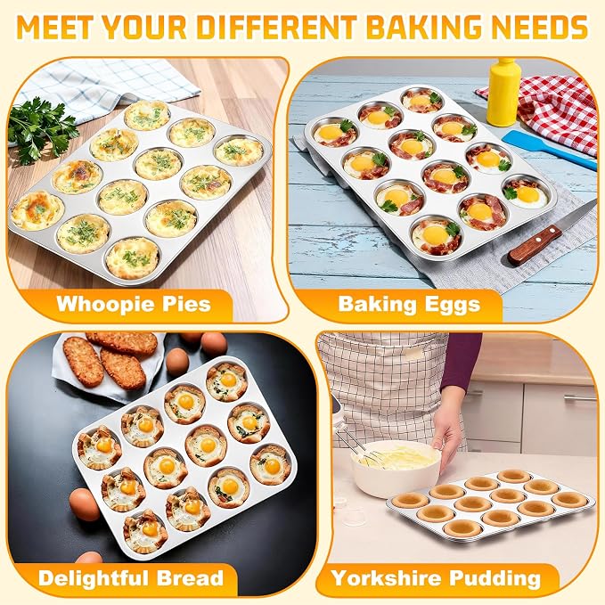 P&P CHEF 12-Cup Muffin Top Pan (2 Piece), Stainless Steel Muffin Pan Cupcake Tin with Shallow Side for Whoopie Pie & Yorkshire Pudding, Easy Clean & Oven Safe, Silver